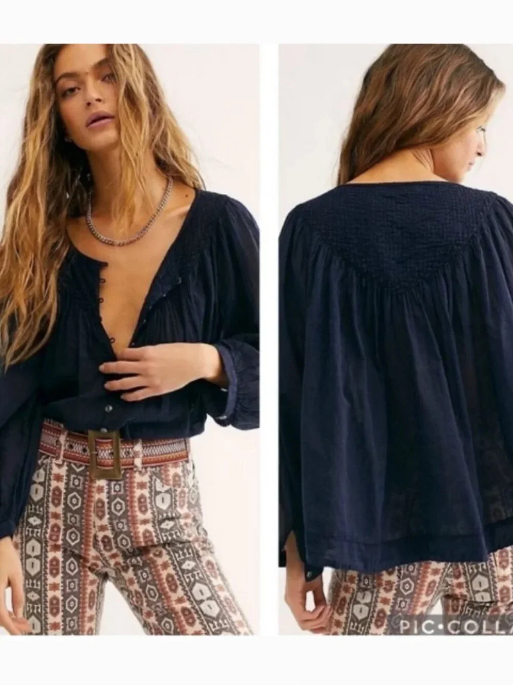 FREE PEOPLE WE THE FREE Cool Meadow Top Blue M Cotton Boho Buttons Flowy Blouse